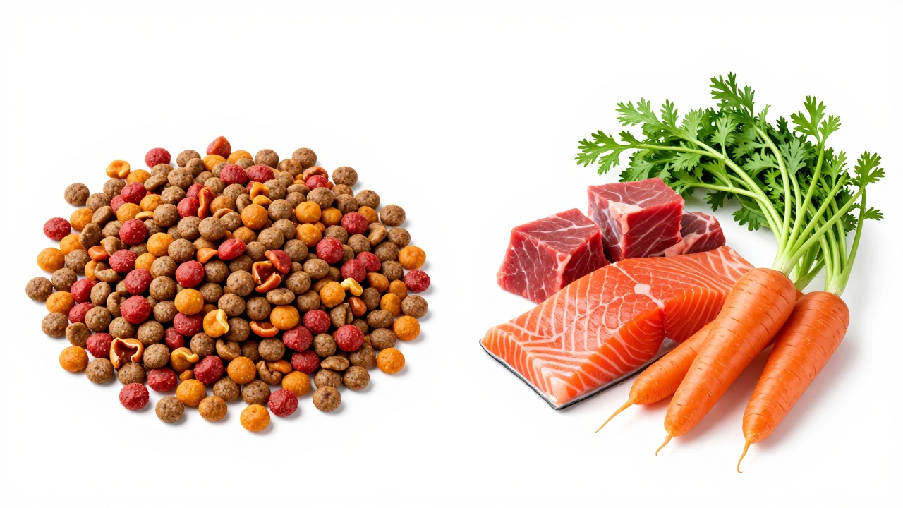 Comparison between multicolored processed dog kibble and fresh whole meats and vegetables