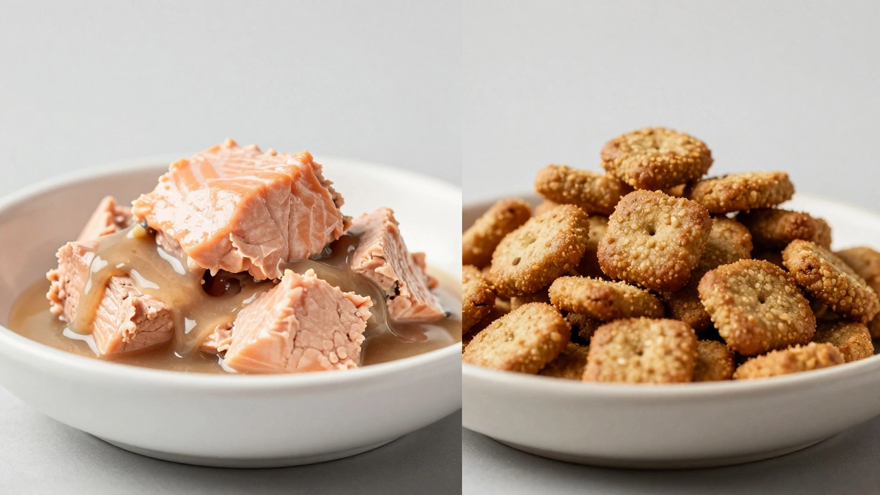 Comparison of moist wet cat food and dry kibble side-by-side