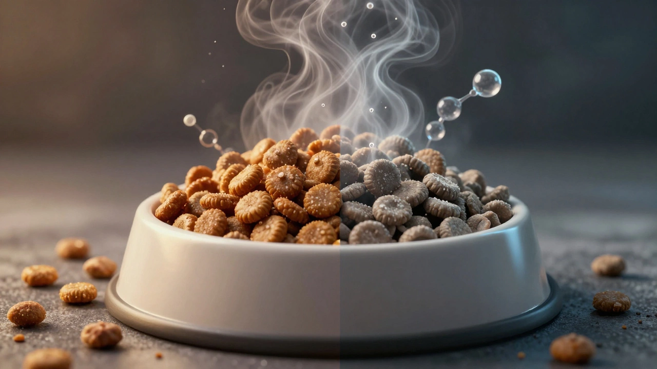 Conceptual image showing the transition of fresh dog kibble to stale, oxidized food.