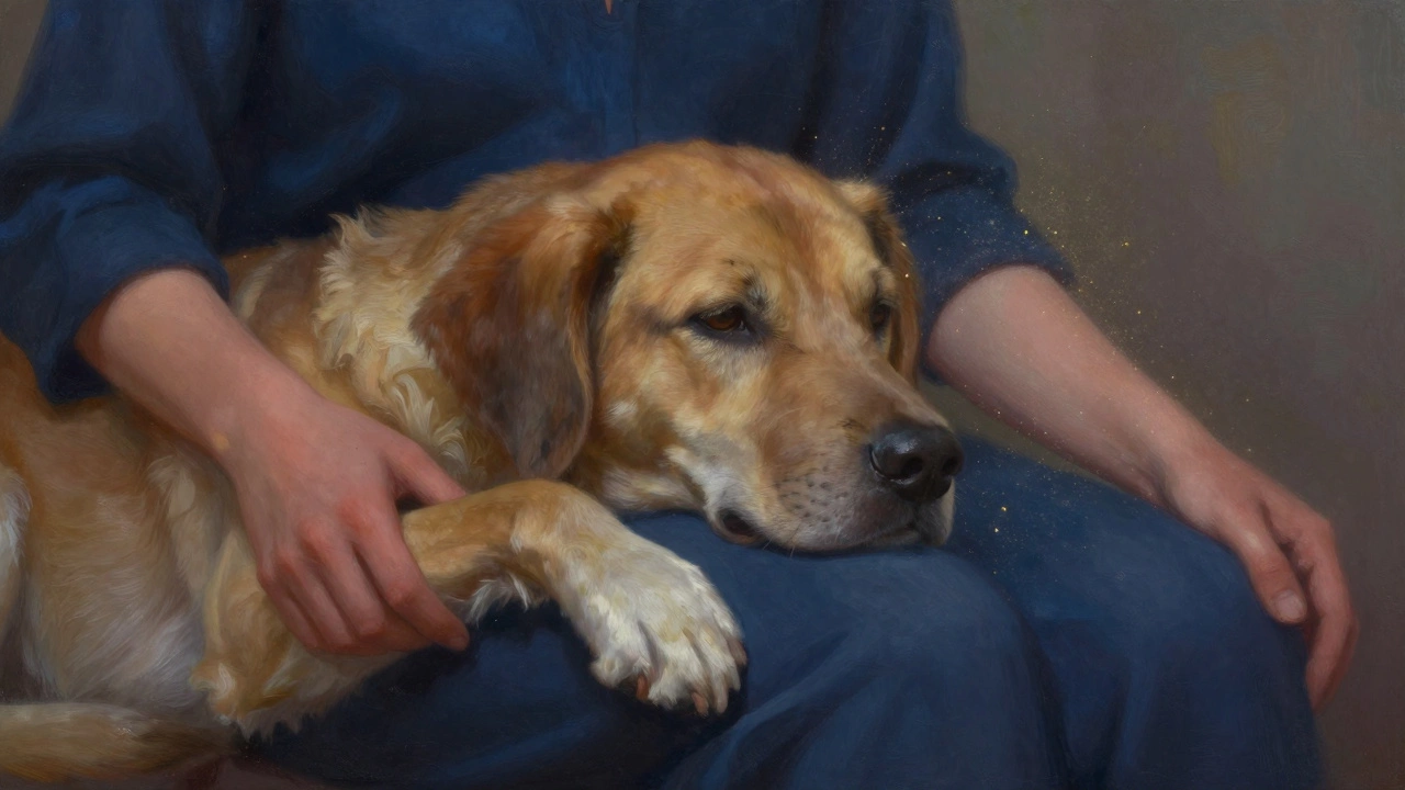 Digital art of a dog and owner bonding with a golden glow of affection