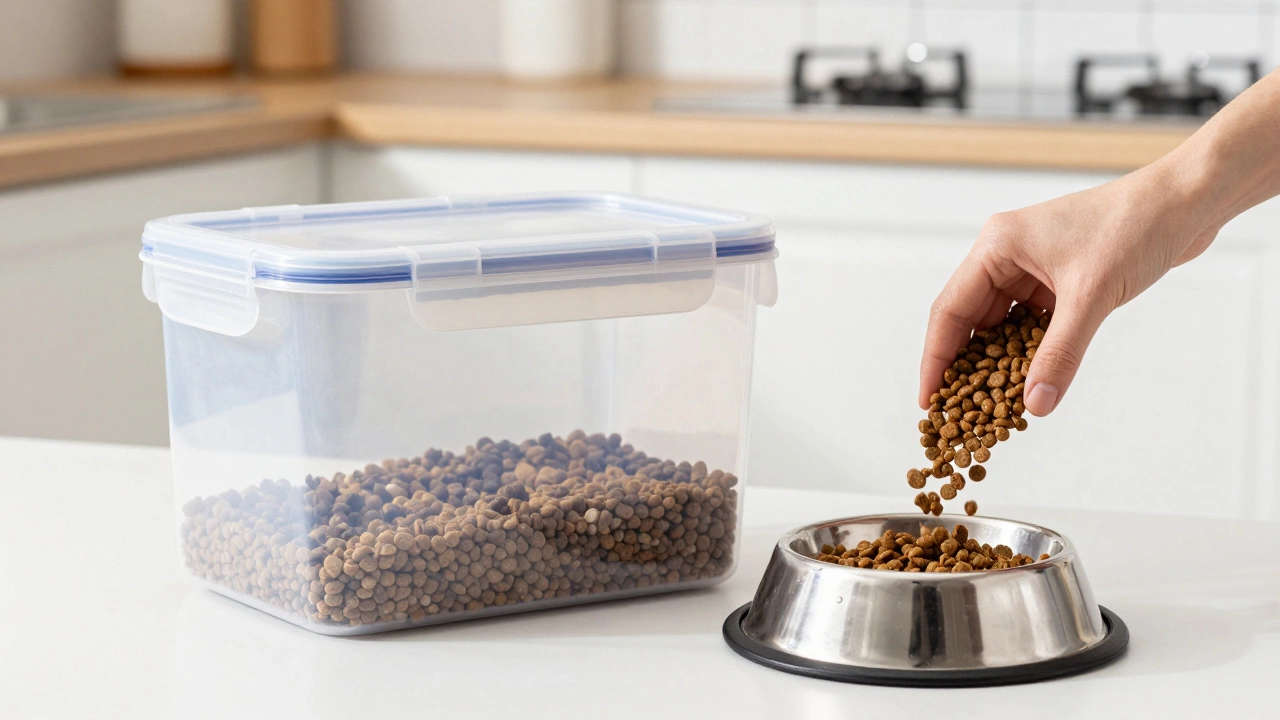 Fresh dog food being poured from an airtight storage container into a steel bowl.