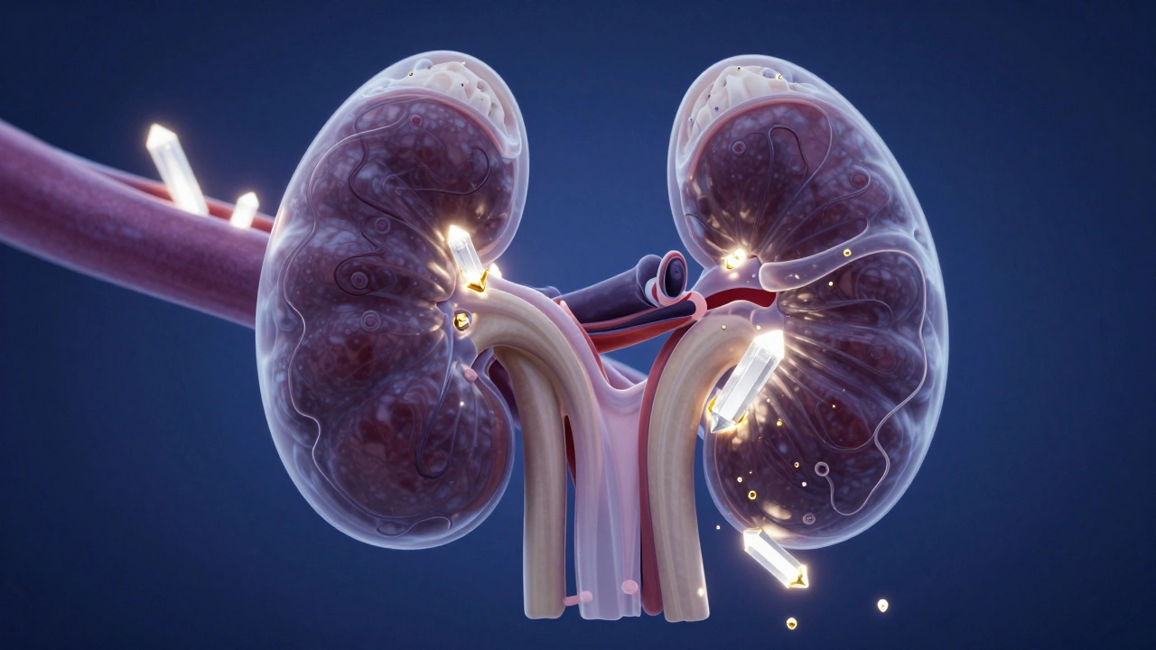 Medical illustration of calcium crystals accumulating in a dog's kidney