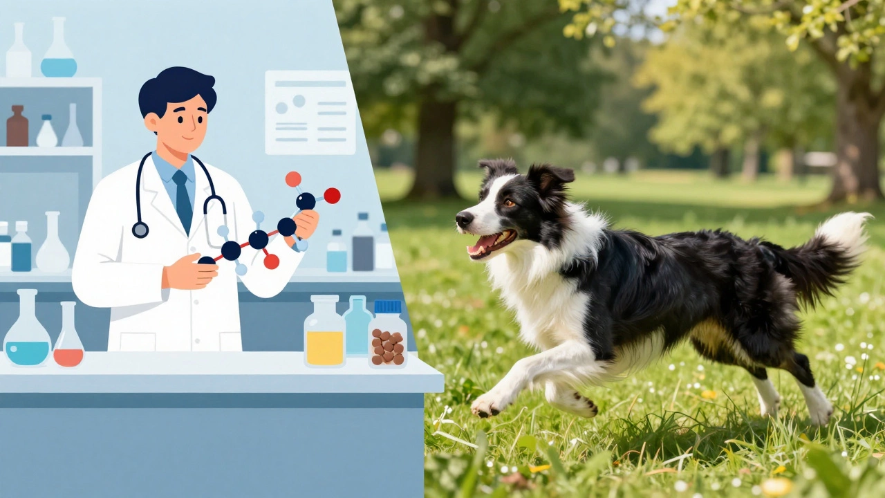 Split image showing a veterinary lab and a healthy dog running in a park.