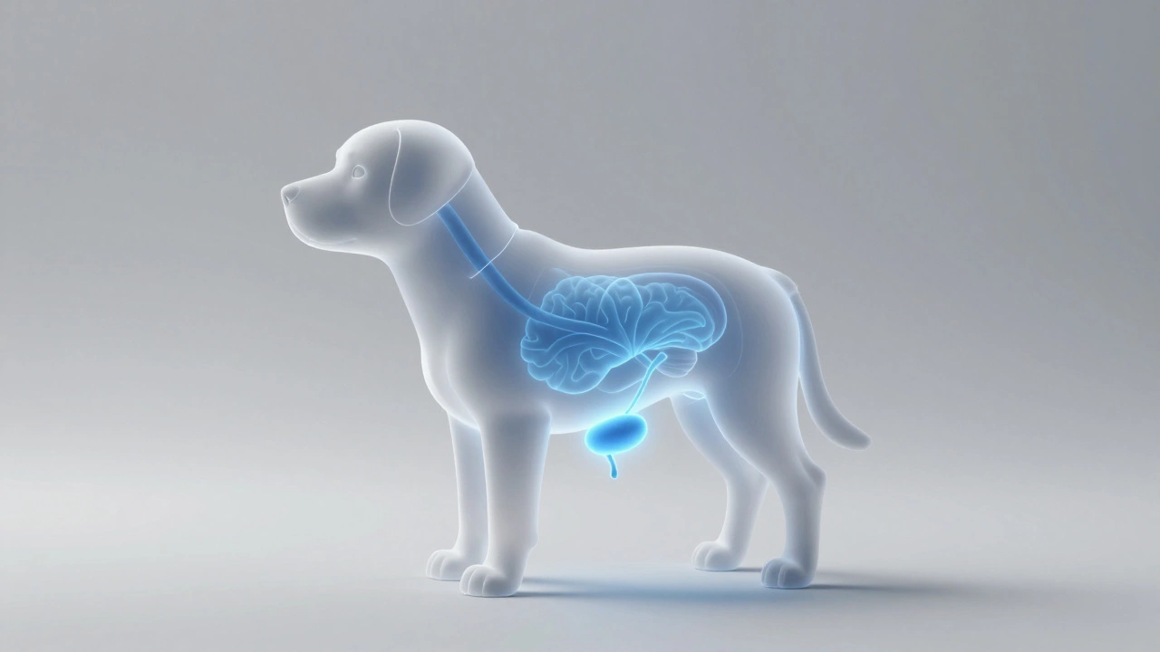 Stylized diagram of a puppy's bladder and muscles showing biological development