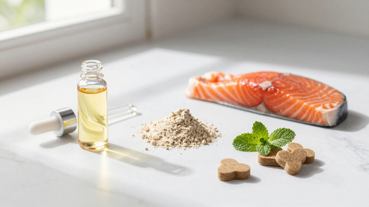 Various dog supplements including oil, powder and chews on a white surface