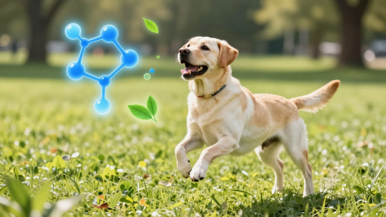 Active Labrador jumping in park with abstract joint health visuals