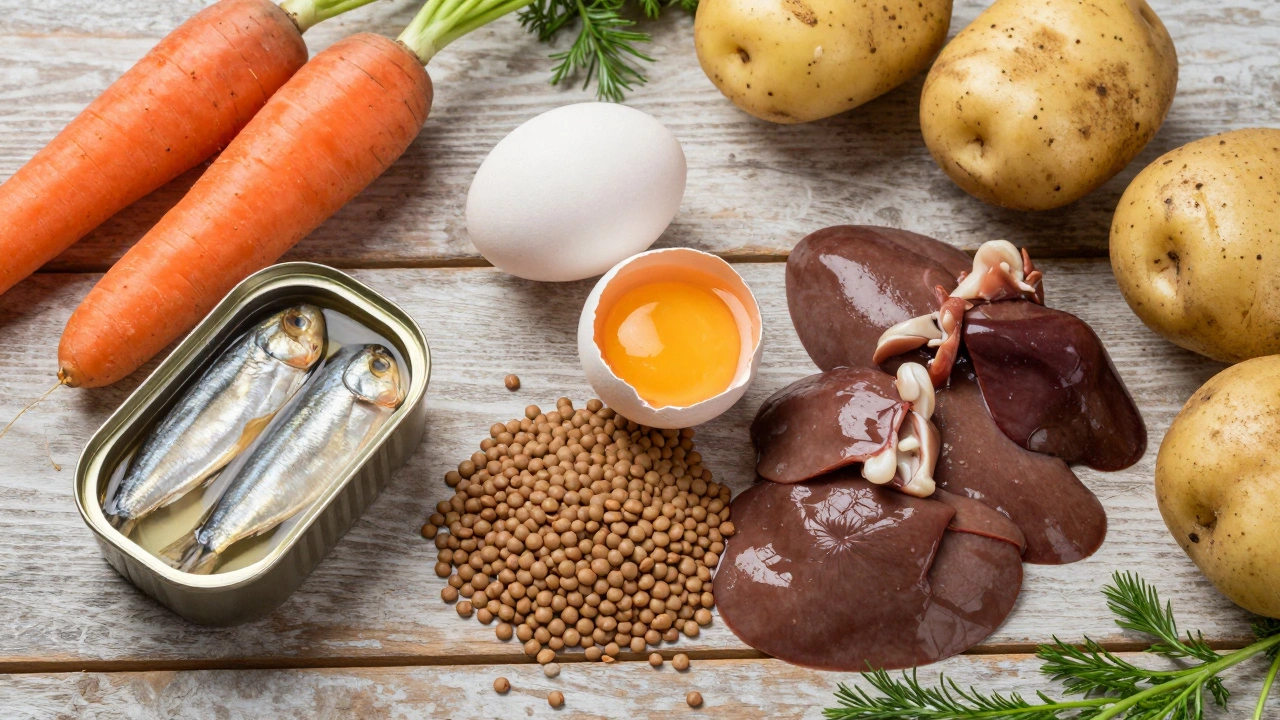 Affordable dog food ingredients: eggs, lentils, liver, and fish