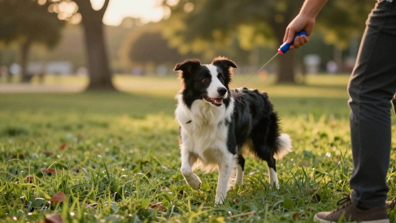 Border Collie practicing stay command in a sunny park with handler