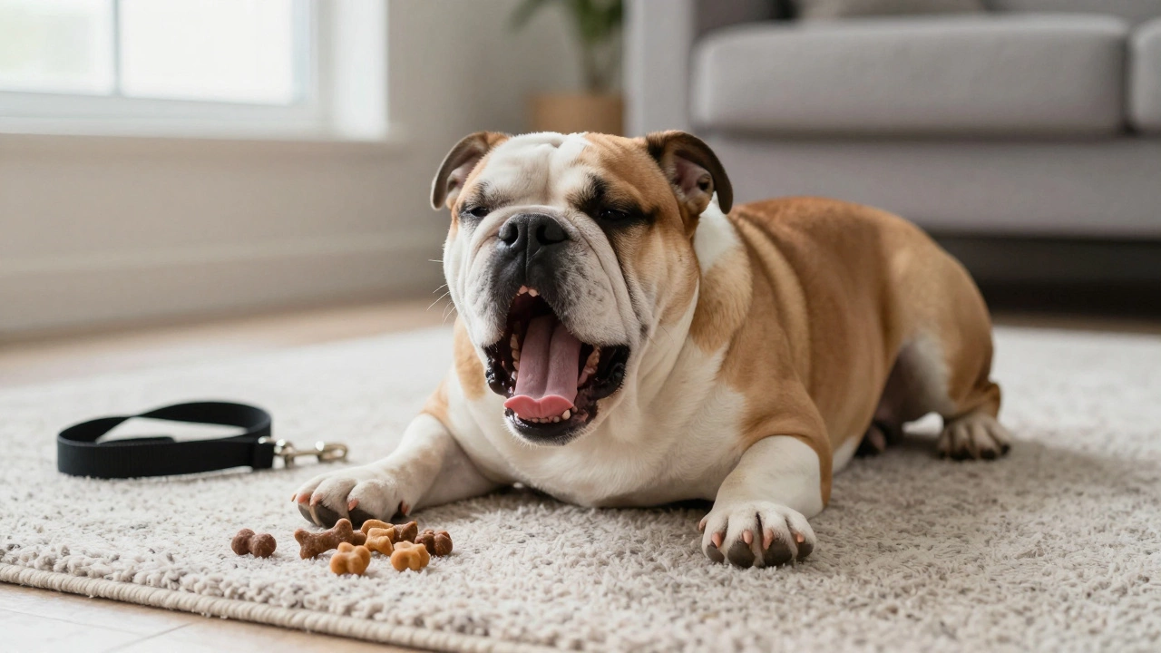 Bulldog yawning and relaxing next to unused training treats indoors