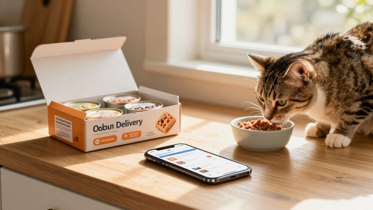 Cat sniffing food bowls next to a phone showing online pet supply orders.