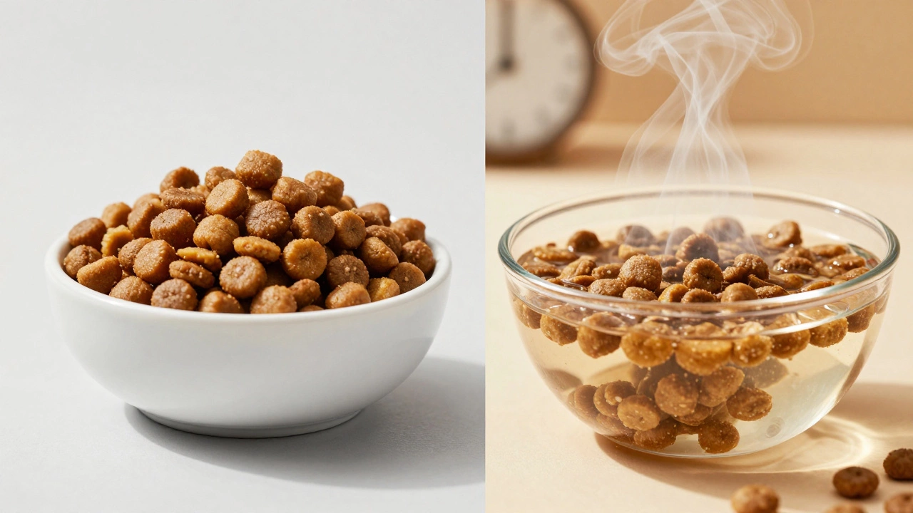 Comparison of dry kibble versus moistened wet kibble