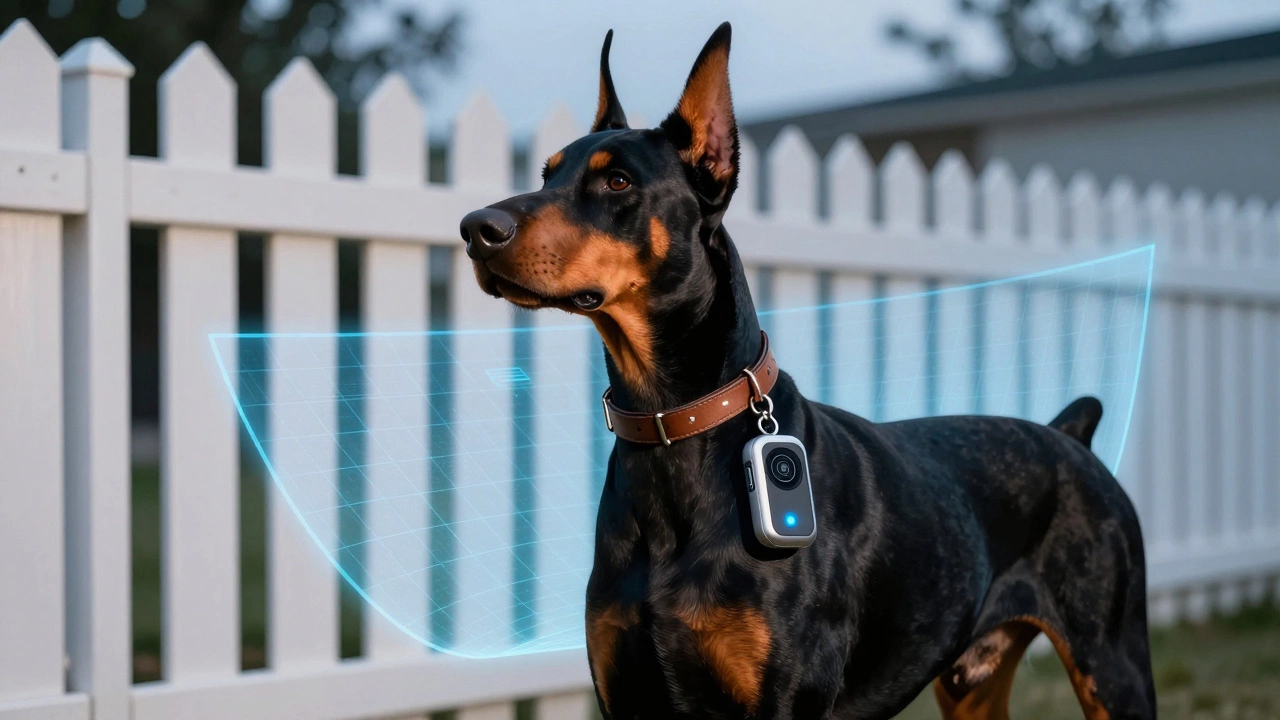 Doberman with a GPS tracker on its collar near a fence with a digital geofence overlay
