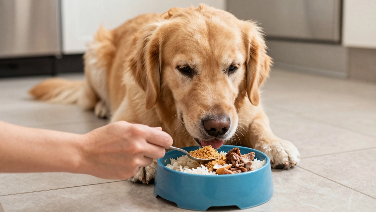 Dog eating homemade meal while owner adds calcium supplement