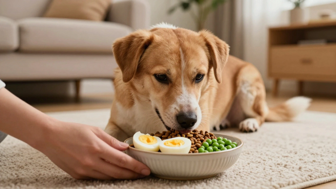 Dog eating kibble topped with fresh eggs and peas in a cozy living room.