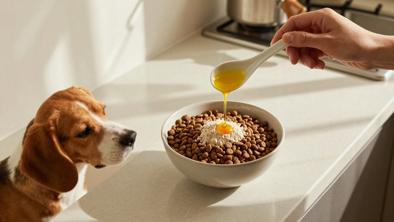 Dog watching owner add supplements to food bowl on kitchen counter