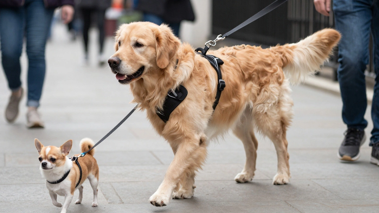 Golden Retriever in front-clip harness walking calmly on leash