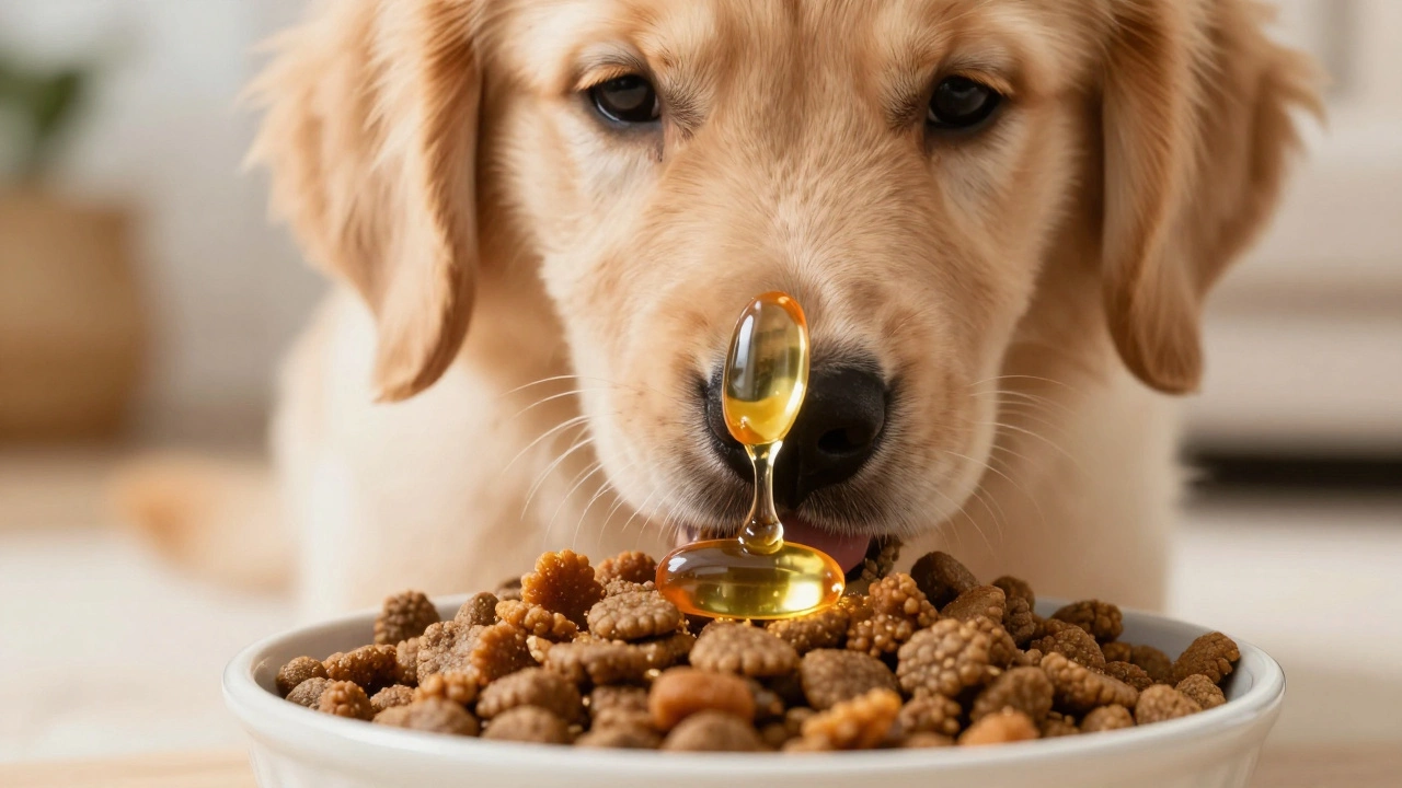 Golden retriever puppy eating kibble with fish oil drizzled on top.