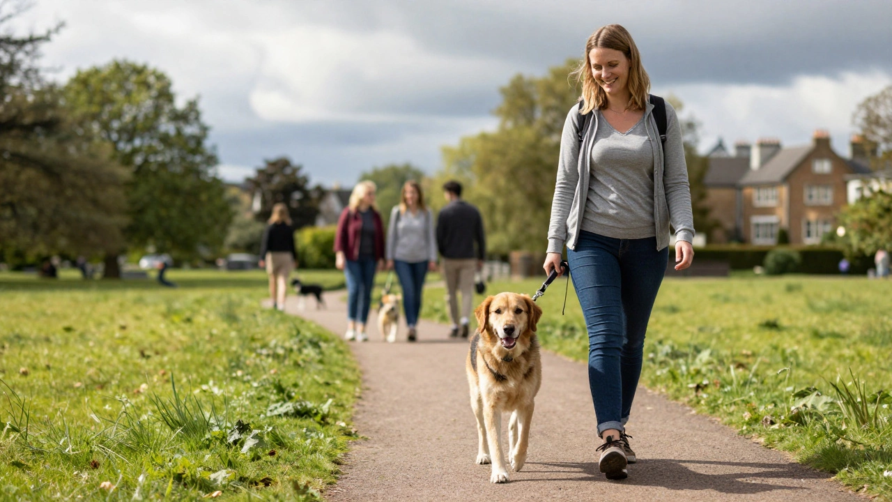 Happy owner walking well-trained dog in sunny park