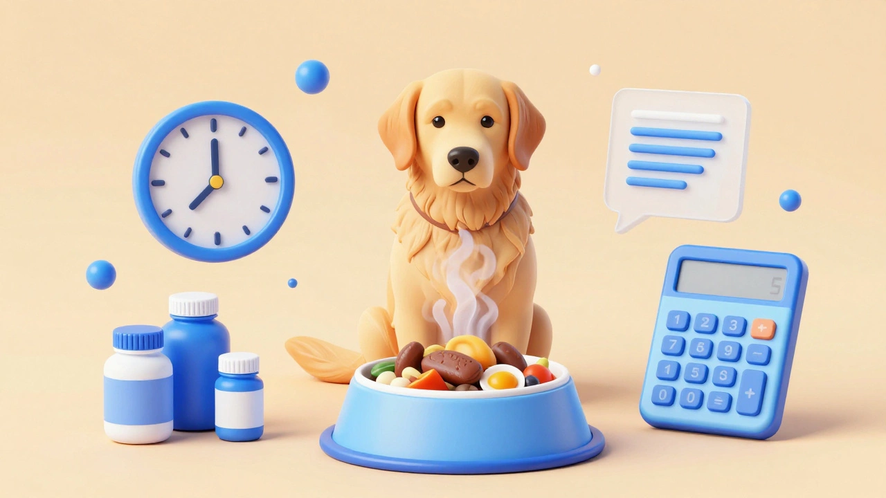 Illustration of a dog meal surrounded by icons of clocks, vitamins, and calculators.