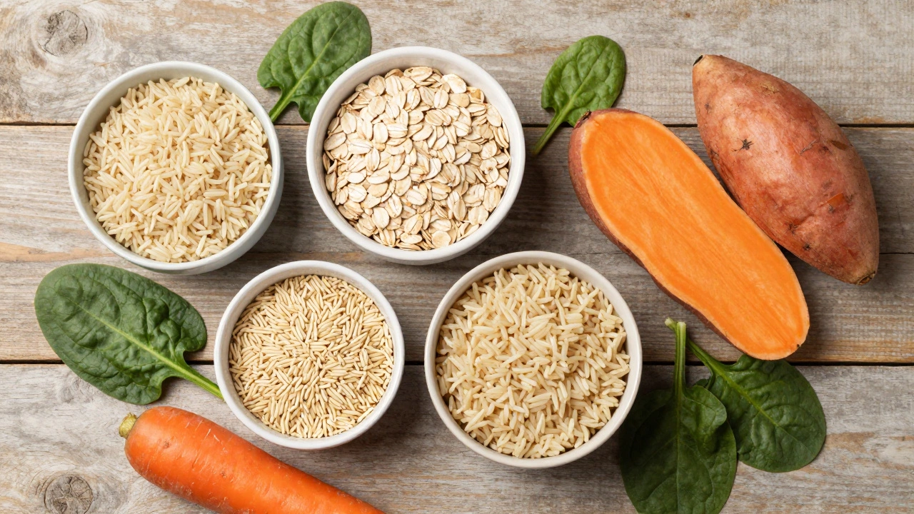 Overhead view of brown rice, sweet potatoes, and oats as dog food carbs.