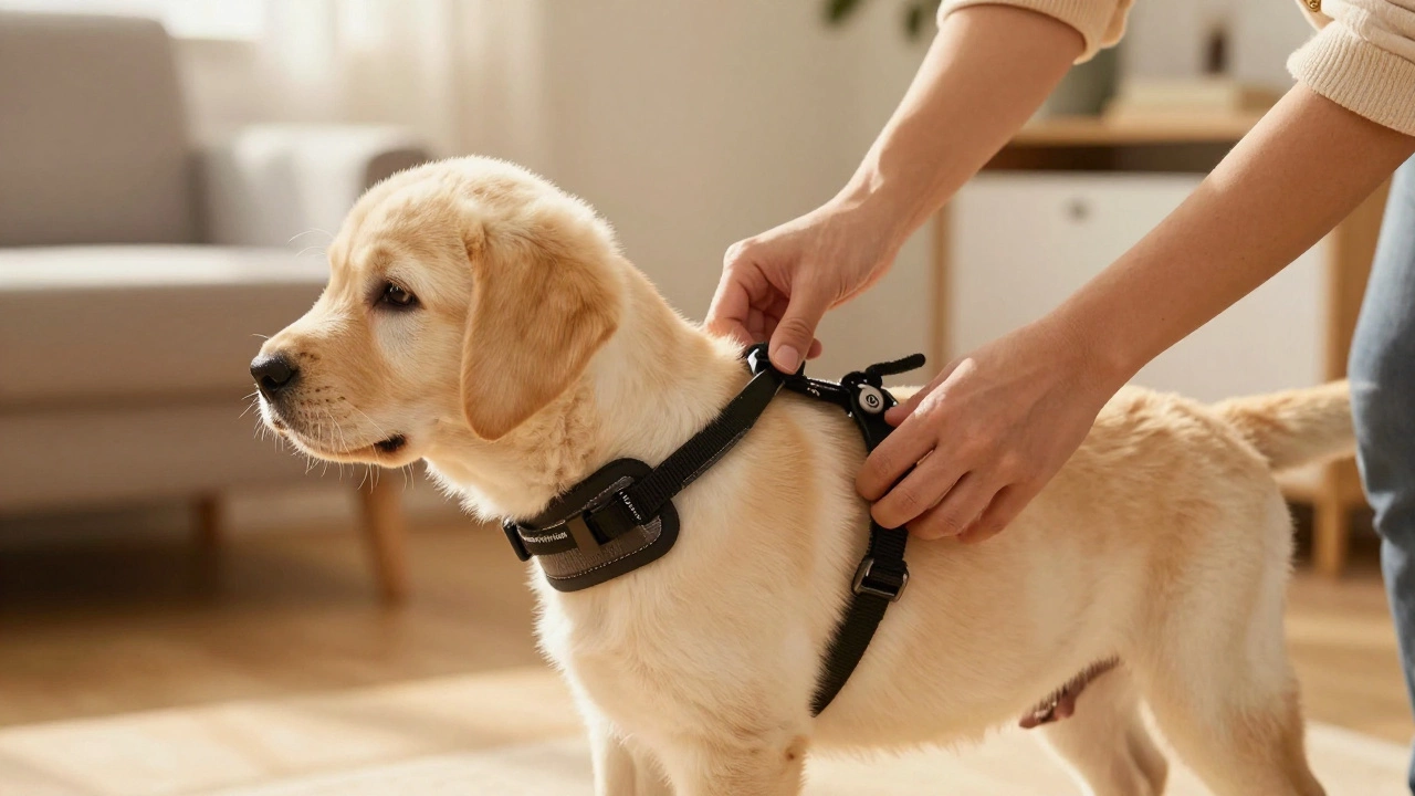 Owner fitting harness on puppy using two-finger rule