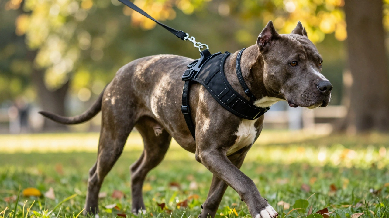 Pit Bull mix in a black front-clip harness walking calmly in an autumn park
