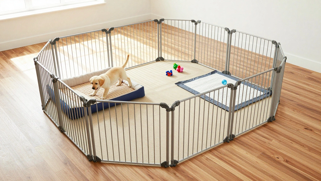 Playful puppy stretching in a spacious exercise pen with separate bed and potty zones