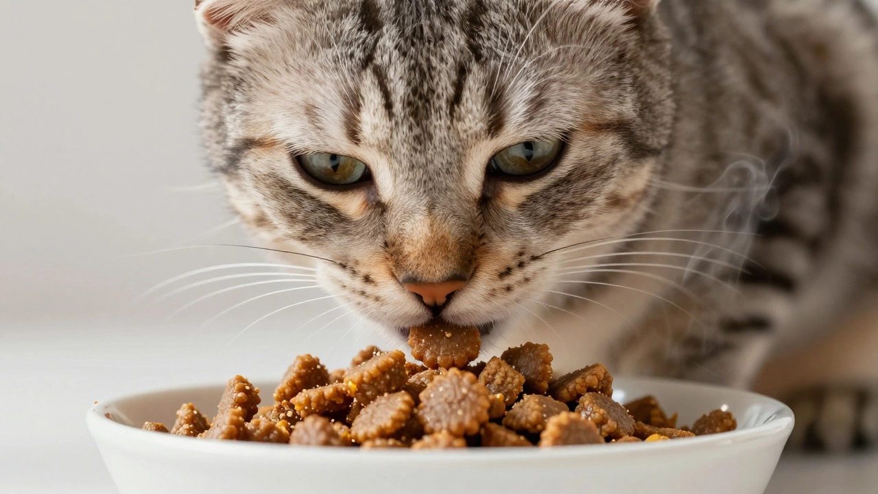 Senior cat eating softened, moistened cat food