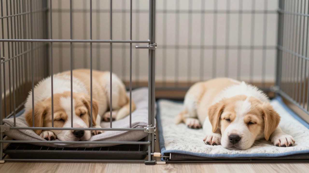 Split view comparing a cozy crate and an open playpen for puppy confinement