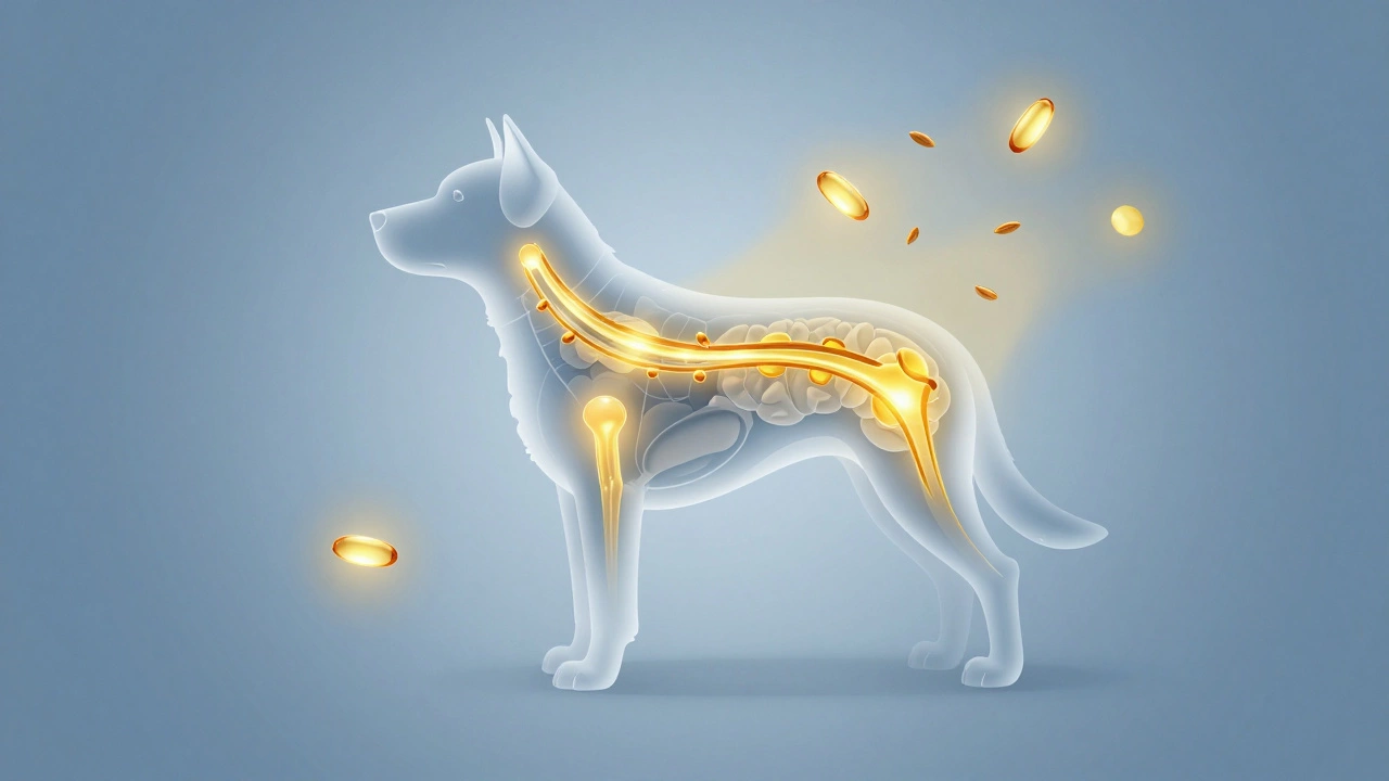 Stylized graphic showing omega fatty acids supporting dog joint and brain health.