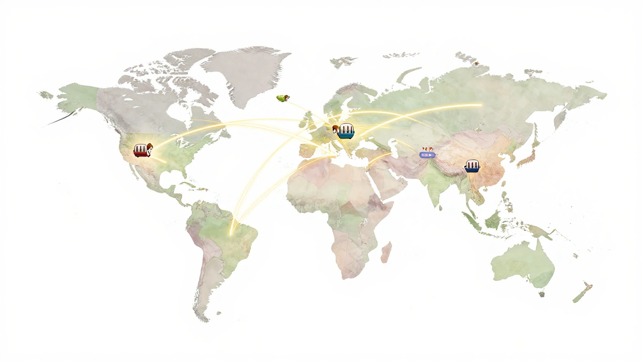 Stylized world map showing global pet travel routes