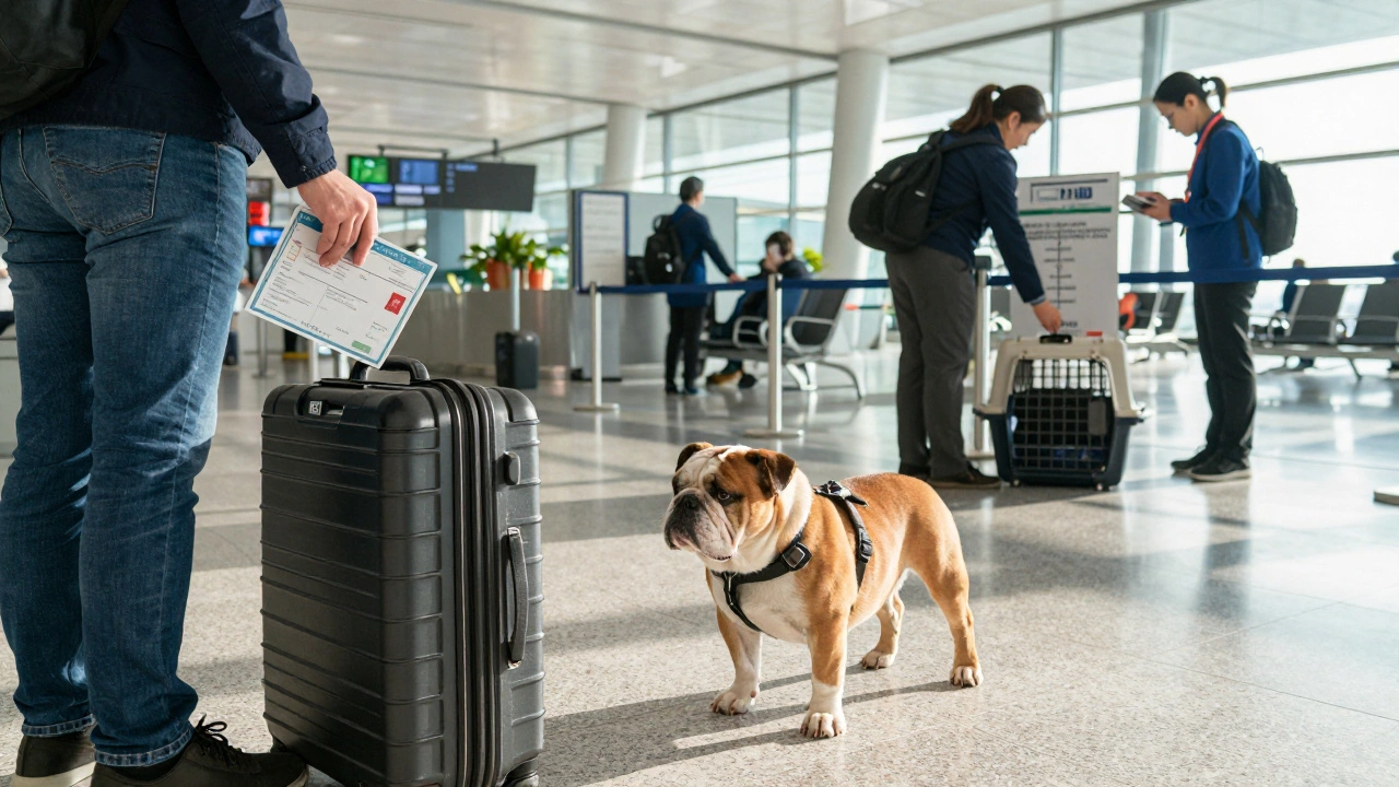 Traveler preparing dog crate and documents at airport