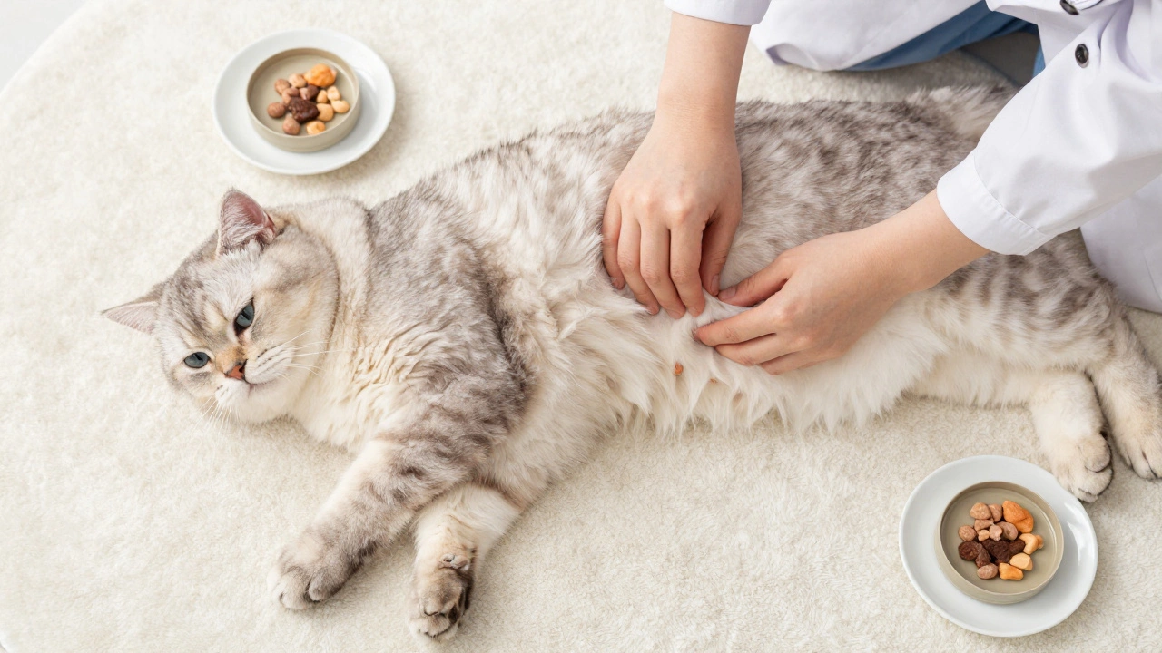 Veterinarian checking a cat's body condition score with food portions nearby
