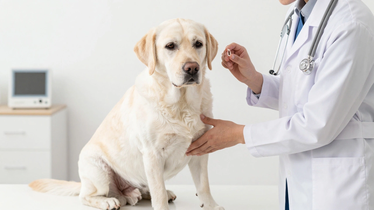 Veterinarian checking an older dog's leg while holding a supplement capsule.