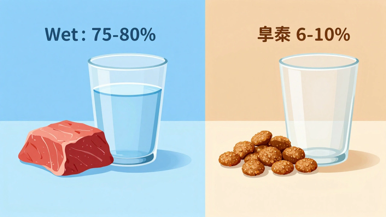 Visual comparison showing high moisture in wet food vs dry kibble