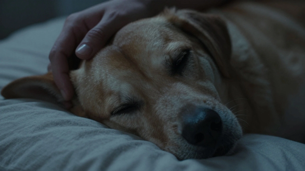 Close-up of a dog resting peacefully near a human hand at night
