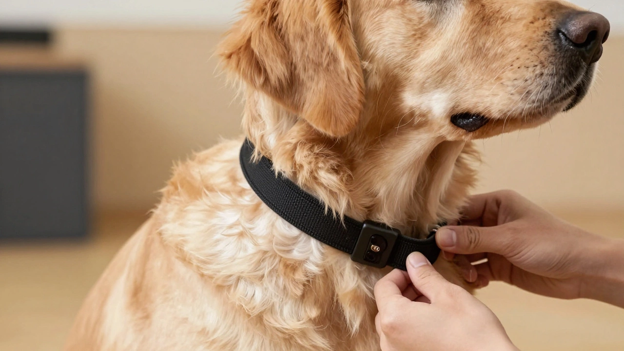 Close up of dog wearing fitted e-collar calmly