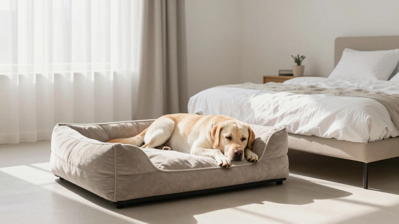 Dog sleeping on an orthopedic bed placed next to a human bed