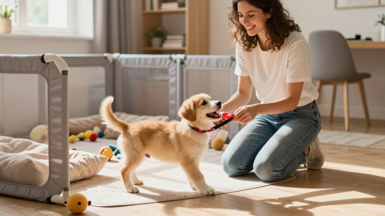 Dog walker playing with puppy in safe pen