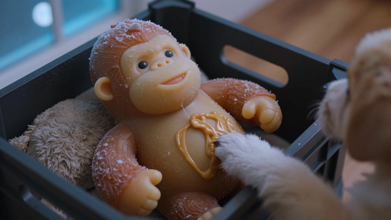 Frozen treat toy and plush comfort item inside a puppy crate