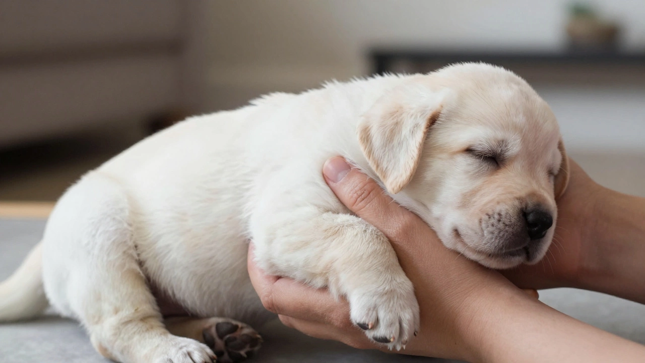Gentle hands carefully lifting a deeply sleeping puppy for transfer to its crate.