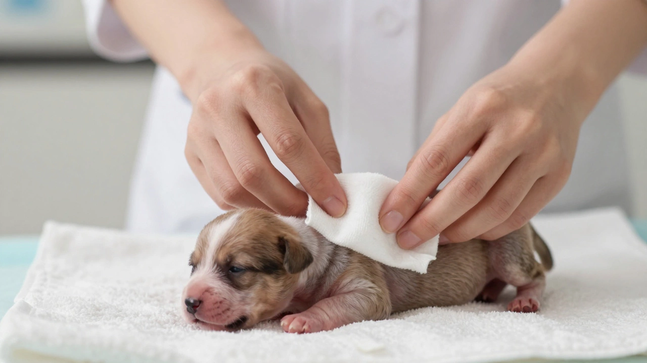 Gentle stimulation of a newborn puppy with a warm damp cloth