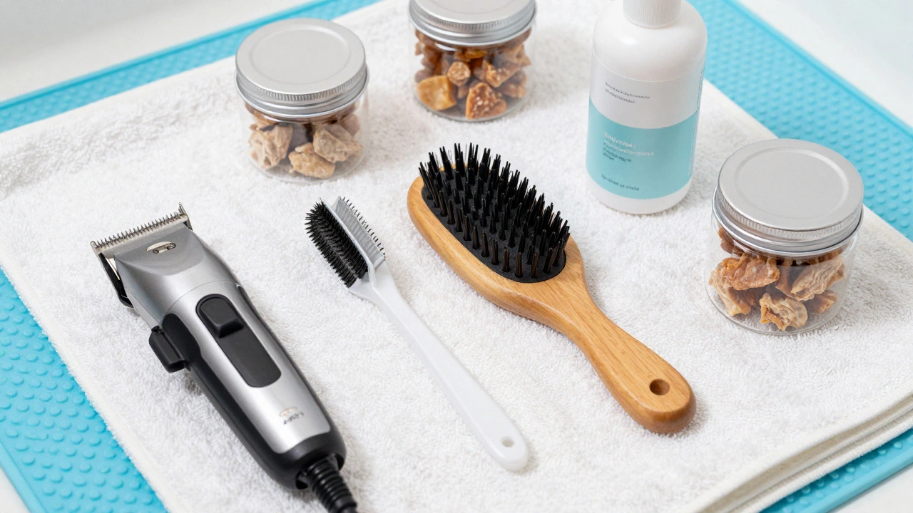 Grooming tools and treats arranged for senior dog care