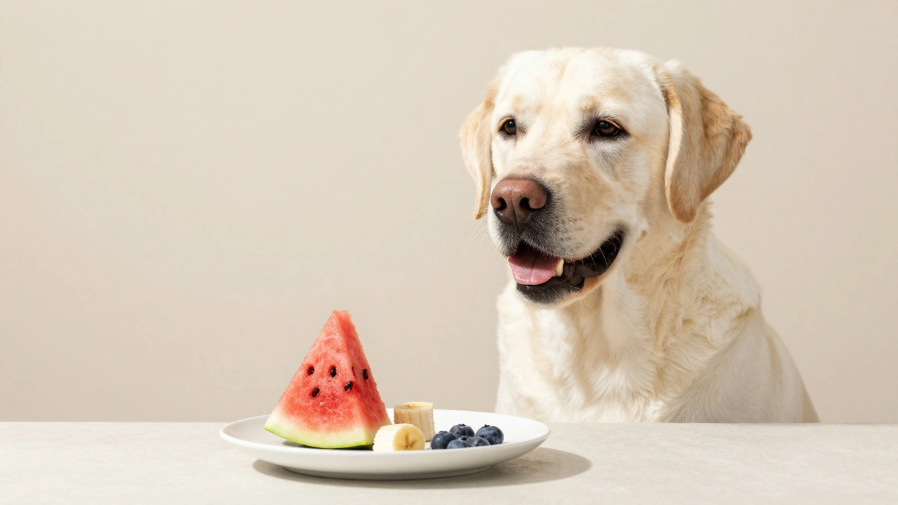 Happy dog beside plate of safe fruit treats like watermelon