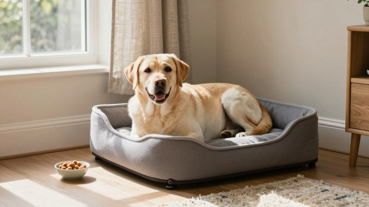 Happy dog resting in an elevated cot bed in a sunny, cozy room