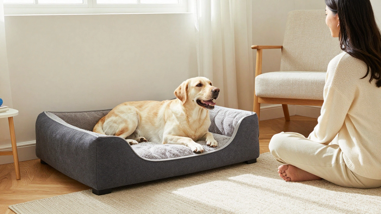 Happy dog resting on its own bed next to its owner in a cozy living room