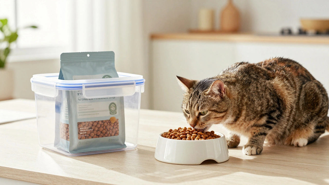 Healthy cat eating from clean bowl safely