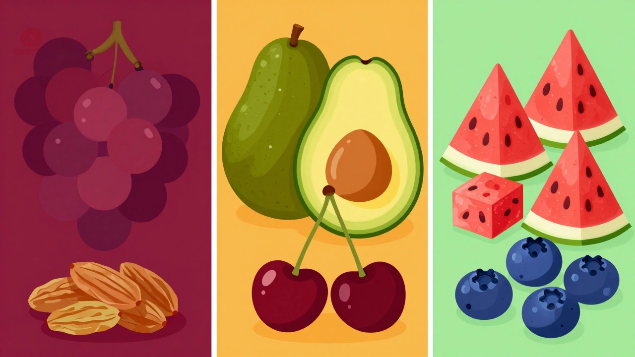 Illustration categorizing toxic, risky, and safe fruits for dogs