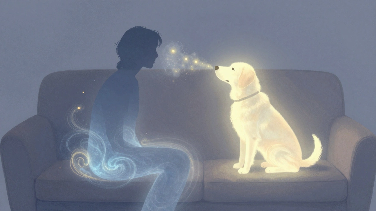 Illustration of a dog finding comfort in the lingering scent aura of its owner