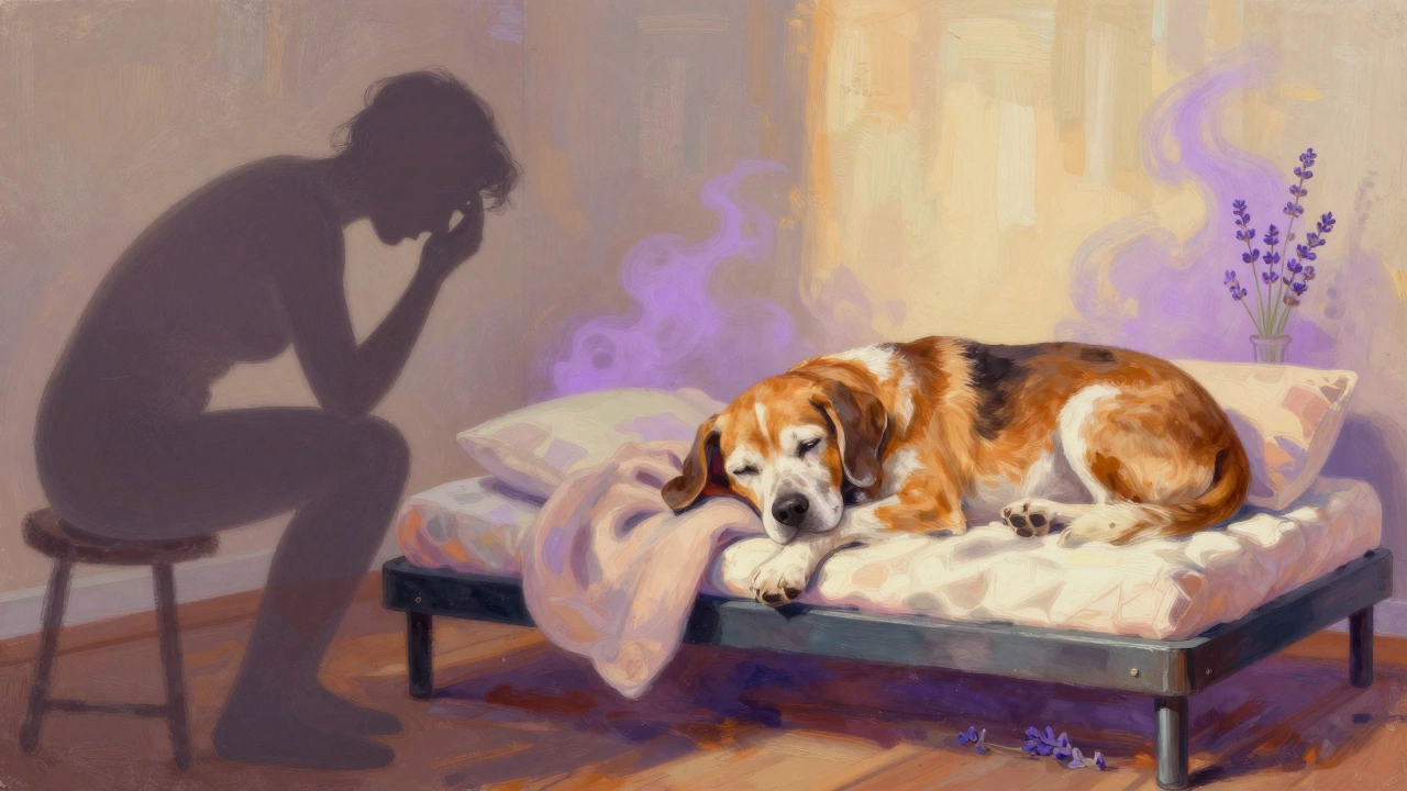 Illustration showing calm vs stress in senior dog grooming